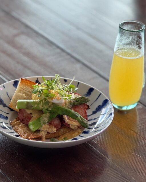 Benedict with hashbrown patty, Canadian bacon, blanched asparagus, Parmesan onion crisp, micro arugula and house made Welsh rabbit cheese sauce. And Vouve of course. Happy Easter!